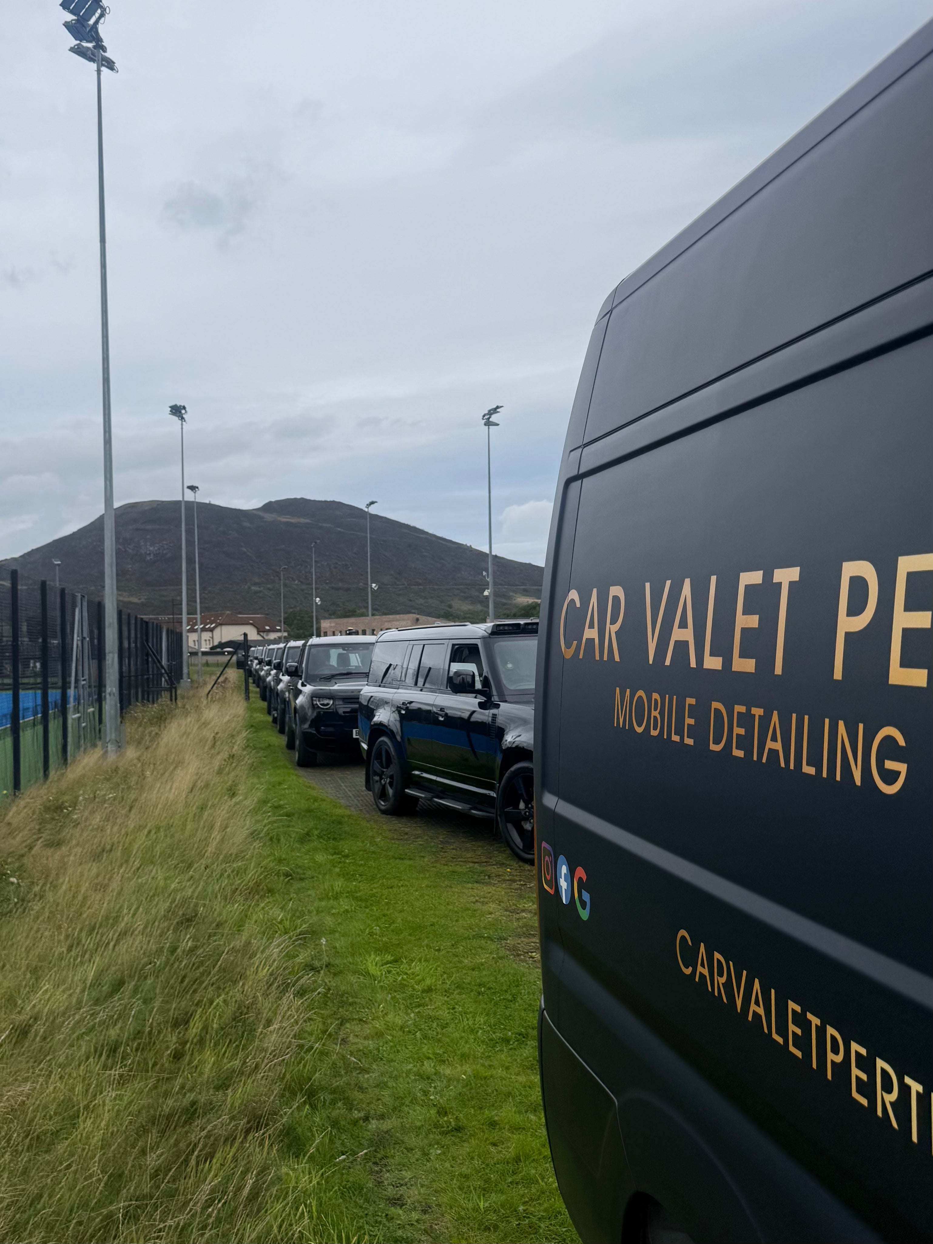 Multiple mobile vehicle detailing rigs supporting luxury vehicles and events across Scotland